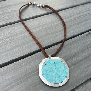 Beautiful blue stone  with brown cord necklace